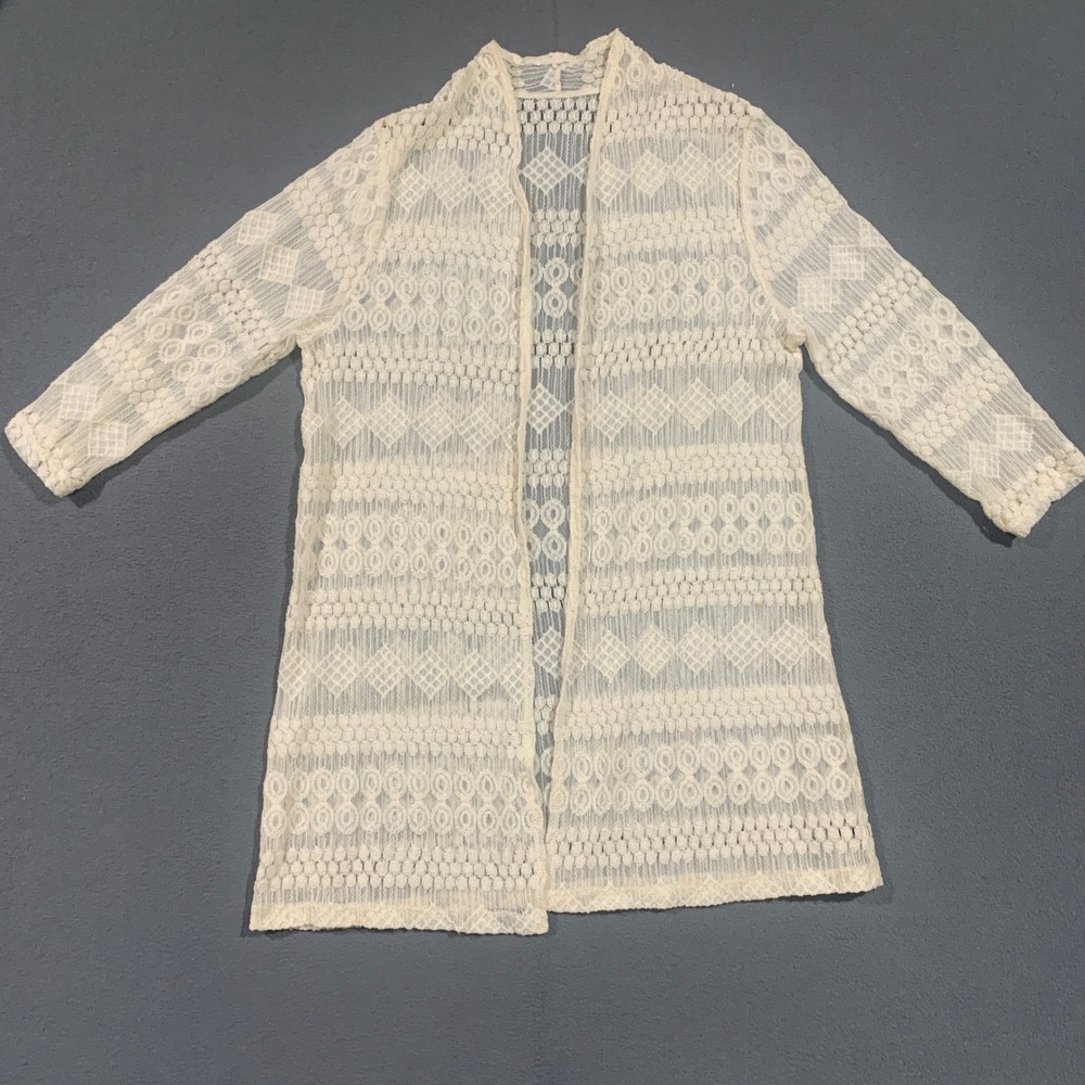 Womens Ivory Lace Longline Open‎ Front Cardigan Boho Geometric Crochet Duster